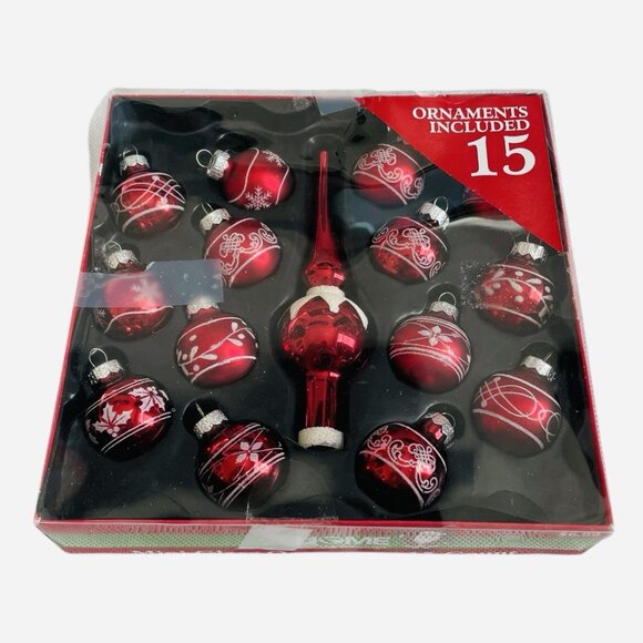 Northlight Seasonal Mini Glass Ornament Topper Set 15pc Red White Glitter VG - Picture 2 of 3